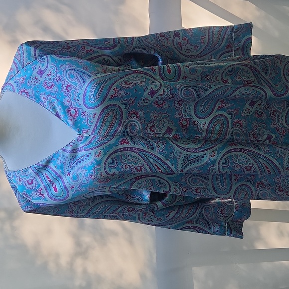 Oscar de la Renta Vintage Satin Robe Blue and Pink Paisley Print Long Sleeve